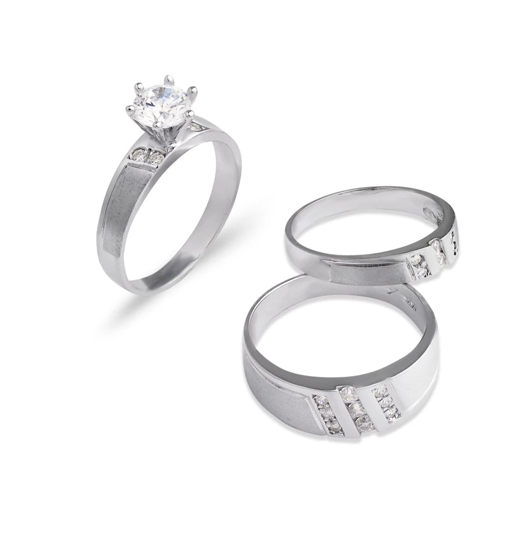 NEW 14K WHITE GOLD WEDDING TRIO RING SET: NEW 14K WHITE GOLD WEDDING TRIO RING SET 14K White Gold Ladies band and engagement ring is size 7 Men's ring is size 10 Rings Also Sold Separately Available in Yellow Gold Weight: 8.9 Grams