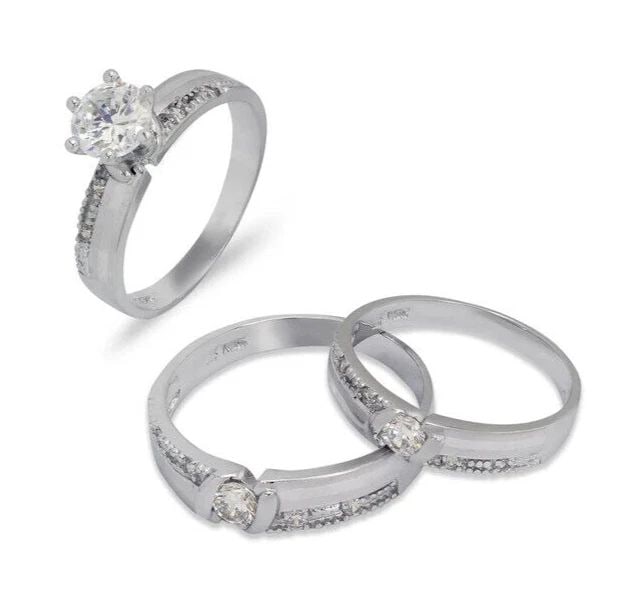 NEW 14K WHITE GOLD WEDDING TRIO RING SET: NEW 14K WHITE GOLD WEDDING TRIO RING SET 14K White Gold Ladies band and engagement ring is size 7 Men's ring is size 10 Rings Also Sold Separately Available in Yellow and Tricolor Gold Weight: 8.9 Gra
