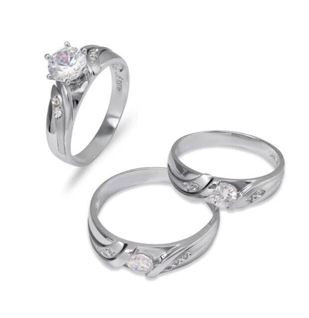 NEW 14K WHITE GOLD WEDDING TRIO RING SET: NEW 14K WHITE GOLD WEDDING TRIO RING SET 14K White Gold Ladies band and engagement ring is size 7 Men's ring is size 10 Rings Also Sold Separately Available in Yellow and Tricolor Gold Weight: 8.8 Gra