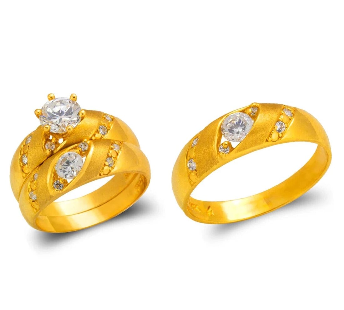 NEW 14K YELLOW GOLD WEDDING TRIO RING SET: NEW 14K YELLOW GOLD WEDDING TRIO RING SET 14K Yellow Gold Ladies band and engagement ring is size 7 Men's ring is size 10 Rings Also Sold Separately Weight: 8.8 Grams