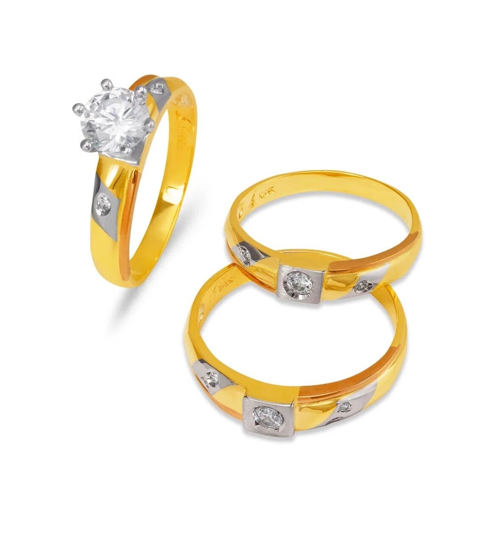 NEW 14K TRI COLOR GOLD WEDDING TRIO RING SET: NEW 14K TRI COLOR GOLD WEDDING TRIO RING SET 14K Tricolor Gold Ladies band and engagement ring is size 7 Men's ring is size 10 Rings Also Sold Separately Weight: 8.8 Grams