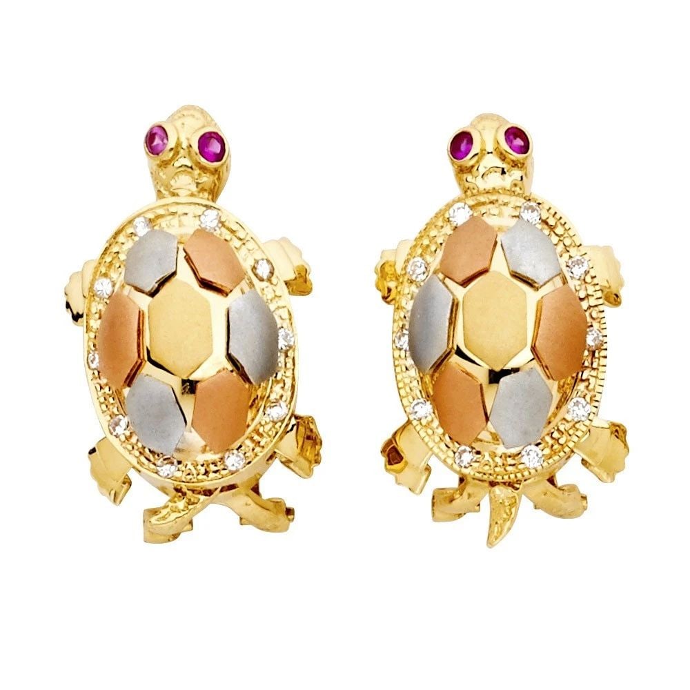 NEW 14K TRI COLOR GOLD TURTLE EARRINGS WITH CLIP LOCK: NEW 14K TRI COLOR GOLD TURTLE EARRINGS WITH CLIP LOCK TURTLE EARRINGS WITH CLIP LOCK NEW 14K TRI COLOR GOLD Height : 25 mm Width : 15 mm Weight : 9.8g