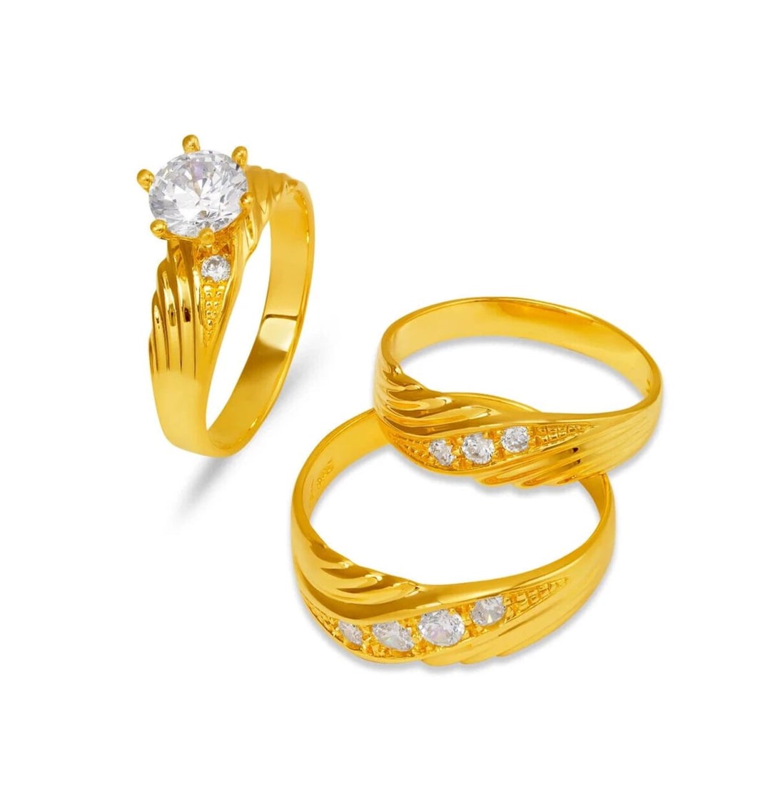 NEW 14K YELLOW GOLD WEDDING TRIO RING SET: NEW 14K YELLOW GOLD WEDDING TRIO RING SET 14K Yellow Gold Ladies band and engagement ring is size 7 Men's ring is size 10 Rings Also Sold Separately Weight: 8.7 Grams