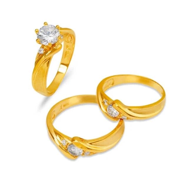 NEW 14K YELLOW GOLD WEDDING TRIO RING SET: NEW 14K YELLOW GOLD WEDDING TRIO RING SET 14K Yellow Gold Ladies band and engagement ring is size 7 Men's ring is size 10 Rings Also Sold Separately Available in Tricolor and White Gold Weight: 8.7 Gr