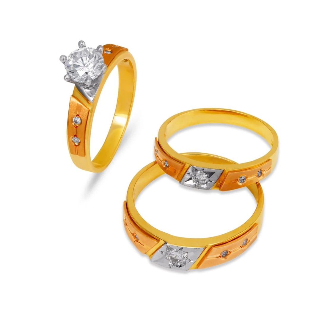 NEW 14K TRI COLOR GOLD WEDDING TRIO RING SET: NEW 14K TRI COLOR GOLD WEDDING TRIO RING SET 14K Tricolor Gold Ladies band and engagement ring is size 7 Men's ring is size 10 Rings Also Sold Separately Weight: 8.6 Grams