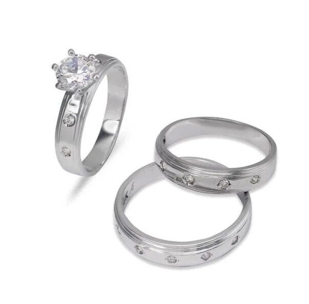 NEW 14K WHITE GOLD WEDDING TRIO RING SET: NEW 14K WHITE GOLD WEDDING TRIO RING SET 14K White Gold Ladies band and engagement ring is size 7 Men's ring is size 10 Rings Also Sold Separately Available in Yellow Gold Weight: 8.5 Grams