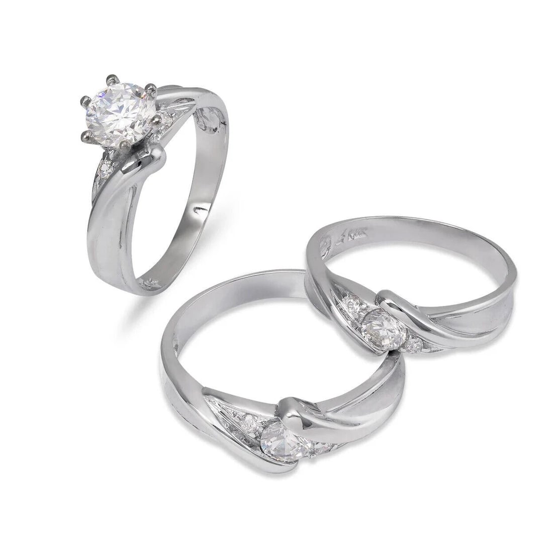 NEW 14K WHITE GOLD WEDDING TRIO RING SET: NEW 14K WHITE GOLD WEDDING TRIO RING SET 14K White Gold Ladies band and engagement ring is size 7 Men's ring is size 10 Rings Also Sold Separately Available in Yellow and Tricolor Gold Weight: 8.5 Gra