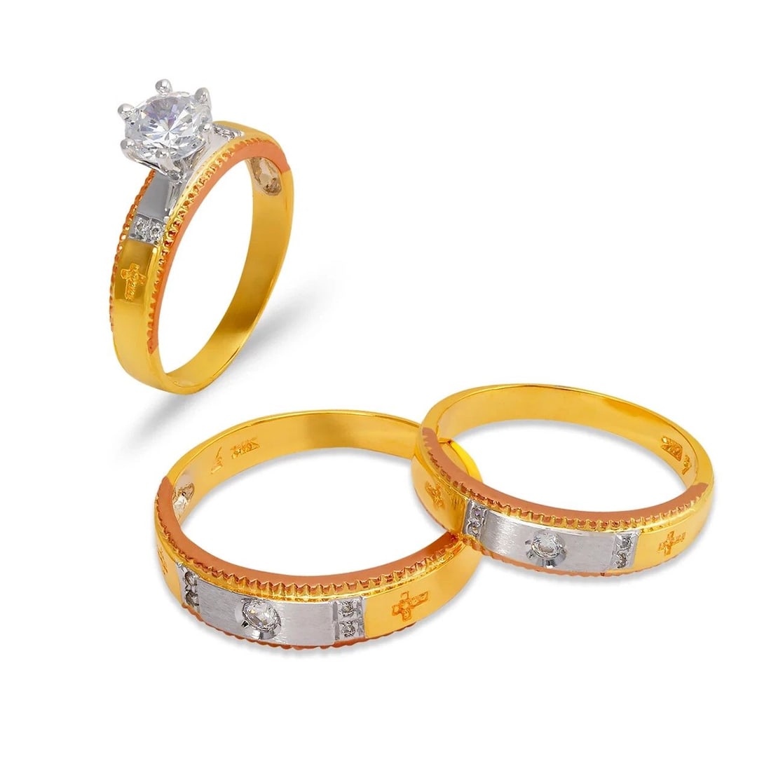 NEW 14K TRI COLOR GOLD WEDDING TRIO RING SET: NEW 14K TRI COLOR GOLD WEDDING TRIO RING SET 14K Tricolor Gold Ladies band and engagement ring is size 7 Men's ring is size 10 Rings Also Sold Separately Available in Yellow and White Gold Weight: 8.3