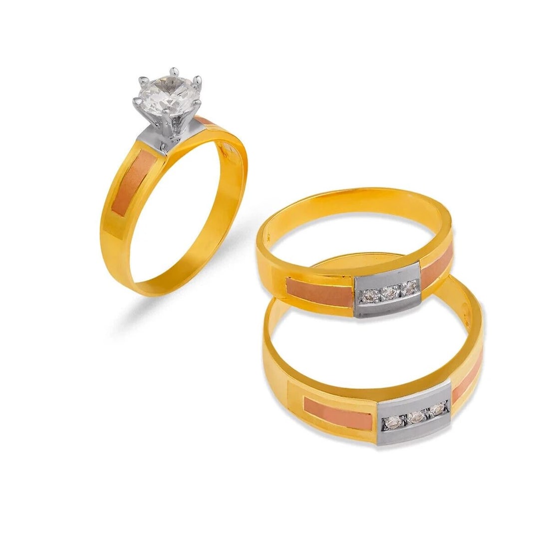 NEW 14K TRI COLOR GOLD WEDDING TRIO RING SET: NEW 14K TRI COLOR GOLD WEDDING TRIO RING SET 14K Tricolor Gold Ladies band and engagement ring is size 7 Men's ring is size 10 Rings Also Sold Separately Available in Yellow and White Gold Weight: 8.2