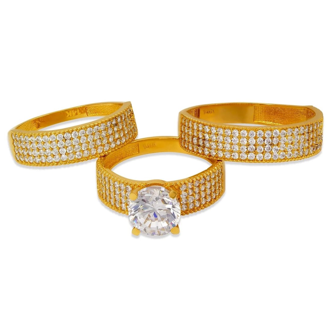 NEW 14K YELLOW GOLD WEDDING TRIO RING SET: NEW 14K YELLOW GOLD WEDDING TRIO RING SET 14K Yellow Gold Approx. 8mm Stone, 6mm Ladies Band, 6mm Men's Band High Polished Weight: 8.0 Grams