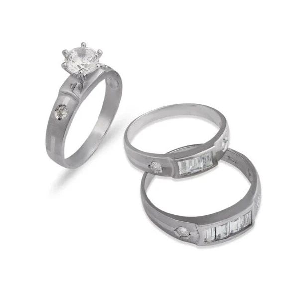 NEW 14K WHITE GOLD WEDDING TRIO RING SET: NEW 14K WHITE GOLD WEDDING TRIO RING SET 14K White Gold Ladies band and engagement ring is size 7 Men's ring is size 10 Rings Also Sold Separately Available in Yellow Gold Weight: 8.0 Grams