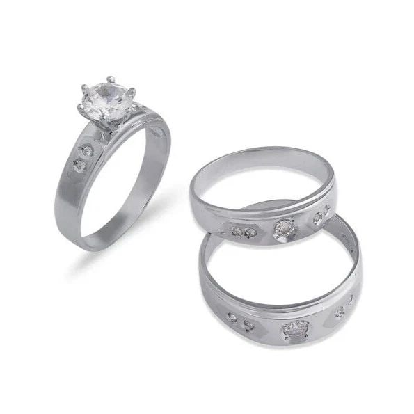NEW 14K WHITE GOLD WEDDING TRIO RING SET: NEW 14K WHITE GOLD WEDDING TRIO RING SET 14K White Gold Ladies band and engagement ring is size 7 Men's ring is size 10 Rings Also Sold Separately Available in WHITE Gold Weight: 7.9 Grams