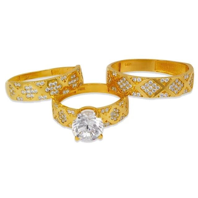 NEW 14K YELLOW GOLD WEDDING TRIO RING SET: NEW 14K YELLOW GOLD WEDDING TRIO RING SET 14K Yellow Gold Approx. 8mm Stone, 5mm Ladies Band, 5mm Men's Band High Polished Weight: 7.8 Grams