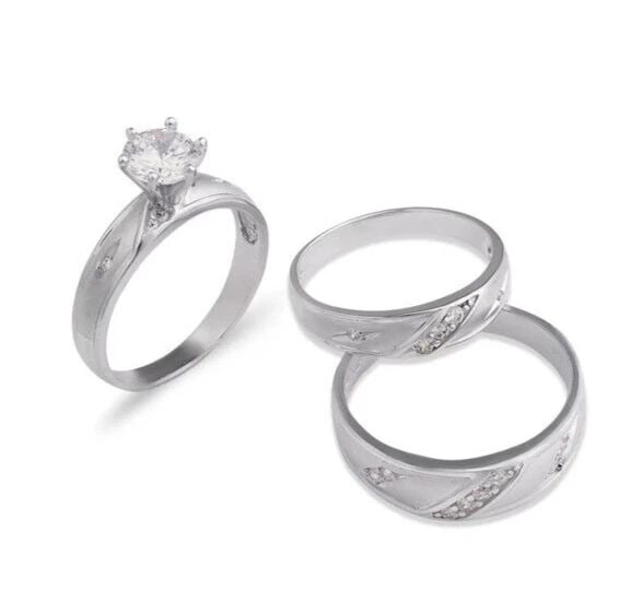 NEW 14K WHITE GOLD WEDDING TRIO RING SET: NEW 14K WHITE GOLD WEDDING TRIO RING SET 14K White Gold Ladies band and engagement ring is size 7 Men's ring is size 10 Rings Also Sold Separately Available in Tricolor Gold Weight: 7.7 Grams