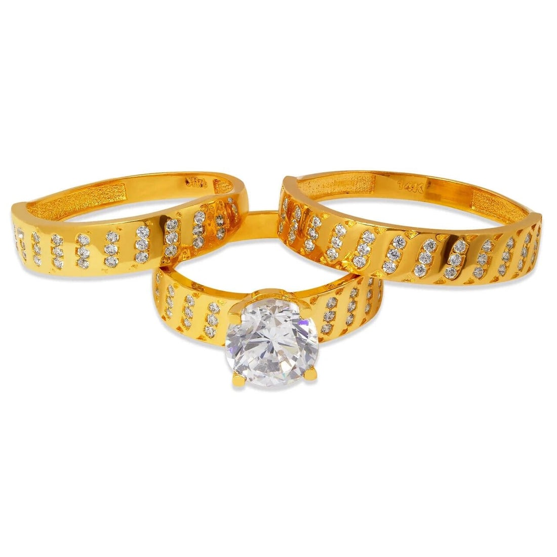 NEW 14K TRI COLOR GOLD WEDDING TRIO RING SET: NEW 14K TRI COLOR GOLD WEDDING TRIO RING SE 14K Tricolor Gold Approx. 8mm Stone, 5mm Ladies Band, 5mm Men's Band High Polished Weight: 7.7 Grams