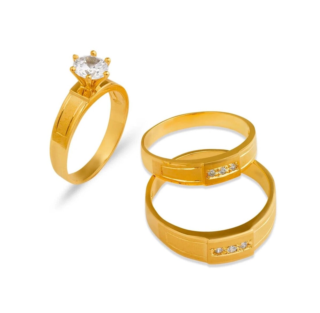 NEW 14K YELLOW GOLD WEDDING TRIO RING SET: NEW 14K YELLOW GOLD WEDDING TRIO RING SET 14K Yellow Gold Ladies band and engagement ring is size 7 Men's ring is size 10 Rings Also Sold Separately Available in Tricolor and White Gold Weight: 7.7 Gr