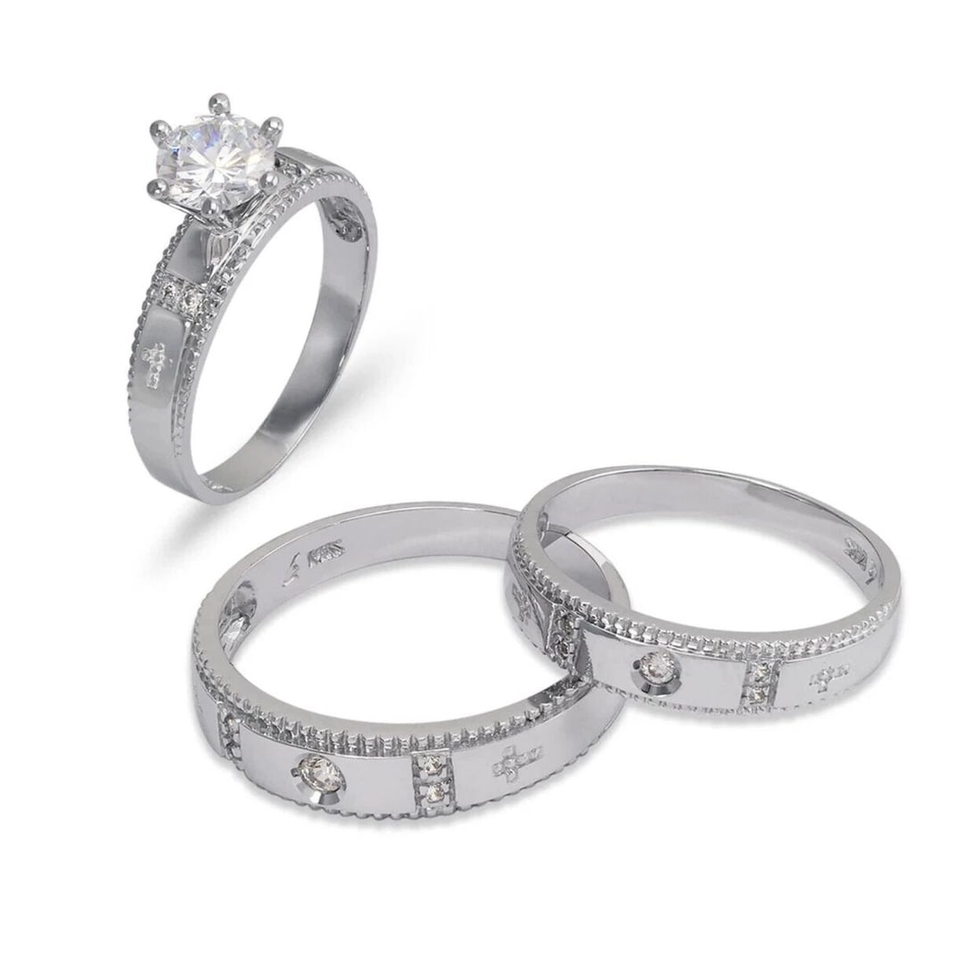 NEW 14K WHITE GOLD WEDDING TRIO RING SET: NEW 14K WHITE GOLD WEDDING TRIO RING SET 14K White Gold Ladies band and engagement ring is size 7 Men's ring is size 10 Rings Also Sold Separately Available in Yellow and Tricolor Gold Weight: 7.7 Gra
