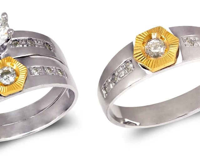 NEW 14K TWO TONE GOLD TWO TONE WEDDING TRIO RING SET (1 of 2)