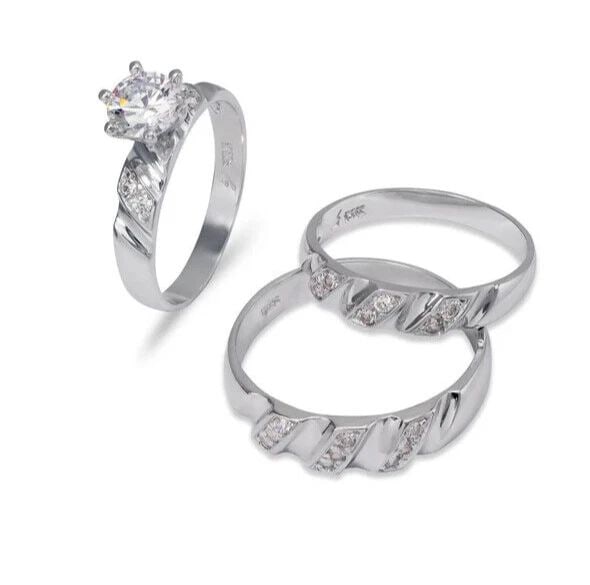 NEW 14K WHITE GOLD WEDDING TRIO RING SET: NEW 14K WHITE GOLD WEDDING TRIO RING SET 14K White Gold Ladies band and engagement ring is size 7 Men's ring is size 10 Rings Also Sold Separately Available in Yellow Gold Weight: 7.6 Grams