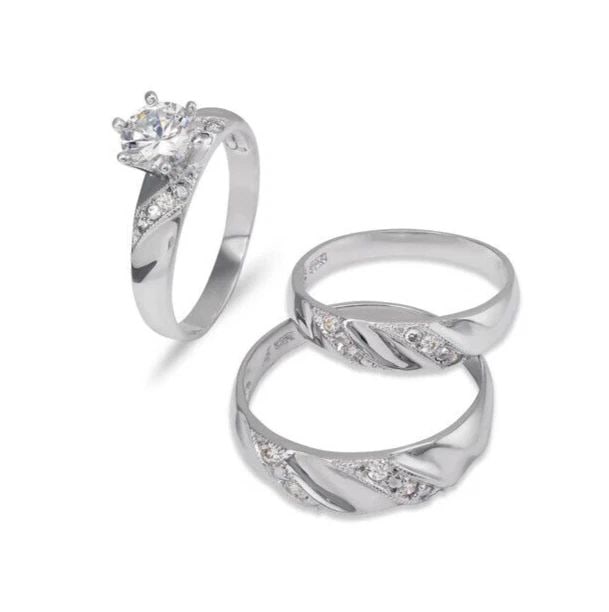 NEW 14K WHITE GOLD WEDDING TRIO RING SET: NEW 14K WHITE GOLD WEDDING TRIO RING SET 14K Yellow Gold Ladies band and engagement ring is size 7 Men's ring is size 10 Rings Also Sold Separately Available in YELLOW Gold Weight: 7.5 Grams