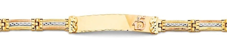 NEW 14K TRI COLOR GOLD 15 YEARS ID BRACELET: NEW 14K TRI COLOR GOLD 15 YEARS ID BRACELET 15 YEARS ID BRACELET NEW 14K TRI CLOLR GOLD LENGTH - 7.25in Apx WEIGHT - 11g