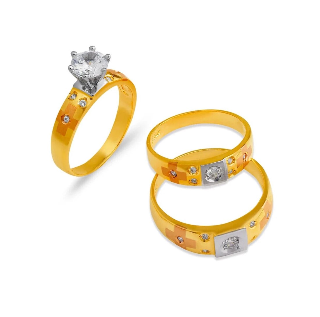 NEW 14K TRI COLOR GOLD WEDDING TRIO RING SET: NEW 14K YELLOW GOLD WEDDING TRIO RING SET 14K Tri Color Gold Ladies band and engagement ring is size 7 Men's ring is size 10 Rings Also Sold Separately Available in White Gold Weight: 7.4 Grams