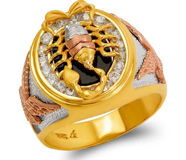NEW 14K TRICOLOR GOLD MEN'S FANCY SCORPION AND EAGLE RING: NEW 14K TRICOLOR GOLD MEN'S FANCY SCORPION AND EAGLE RING MEN'S FANCY SCORPION AND EAGLE RING NEW 14K TRICOLOR GOLD SIZE Apx: 19mm Apx. WEIGHT: 10.8g