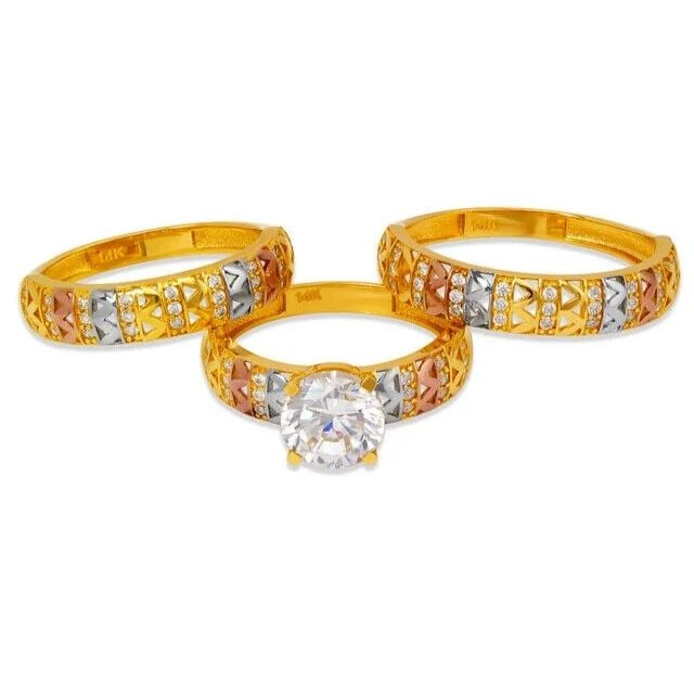 NEW 14K TRI COLOR GOLD WEDDING TRIO RING SET: NEW 14K TRI COLOR GOLD WEDDING TRIO RING SET 14K Tricolor Gold Approx. 8mm Stone, 5mm Ladies Band, 5mm Men's Band High Polished Cubic Zirconia Weight: 7.3 Grams