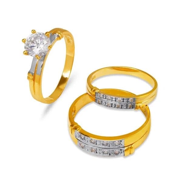 NEW 14K TWO TONE GOLD WEDDING TRIO RING SET: NEW 14K TWO TONE GOLD WEDDING TRIO RING SET 14K Two Tone Gold Ladies band and engagement ring is size 7 Men's ring is size 10 Rings Also Sold Separately Weight: 7.3 Grams