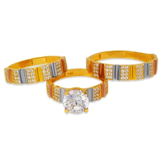 NEW 14K TRI COLOR GOLD WEDDING TRIO RING SET: NEW 14K TRI COLOR GOLD WEDDING TRIO RING SET 14K Tricolor Gold Approx. 8mm Stone, 5mm Ladies Band, 5mm Men's Band High Polished Weight: 7.2 Grams
