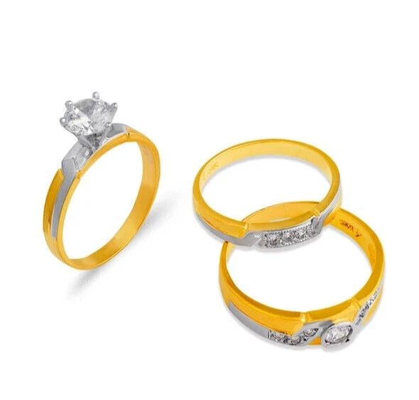 NEW 14K TWO TONE GOLD WEDDING TRIO RING SET: NEW 14K TWO TONE GOLD WEDDING TRIO RING SET 14K Two Tone Gold Ladies band and engagement ring is size 7 Men's ring is size 10 Rings Also Sold Separately Available in YELLOW Gold Weight: 7.1 Grams