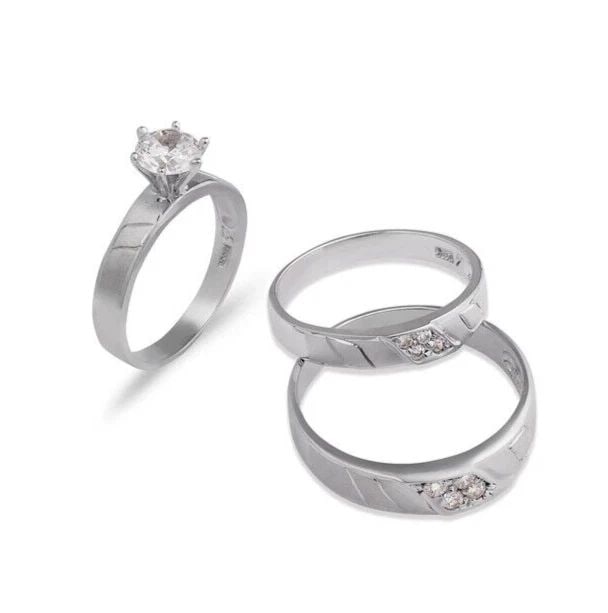 NEW 14K WHITE GOLD WEDDING TRIO RING SET: NEW 14K WHITE GOLD WEDDING TRIO RING SET 14K White Gold Ladies band and engagement ring is size 7 Men's ring is size 10 Rings Also Sold Separately Available in Tricolor Gold Weight: 7.1 Grams