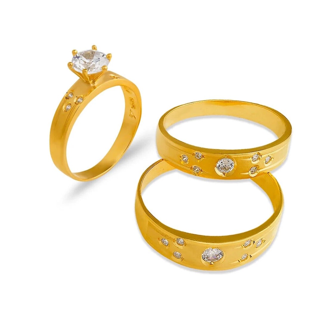 NEW 14K YELLOW GOLD WEDDING TRIO RING SET: NEW 14K YELLOW GOLD WEDDING TRIO RING SET 14K Yellow Gold Ladies band and engagement ring is size 7 Men's ring is size 10 Rings Also Sold Separately Available in White Gold Weight: 7.1 Grams