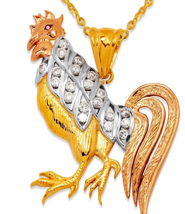 NEW 14K TRICOLOR GOLD FANCY ROOSTER PENDANT (1 of 2)