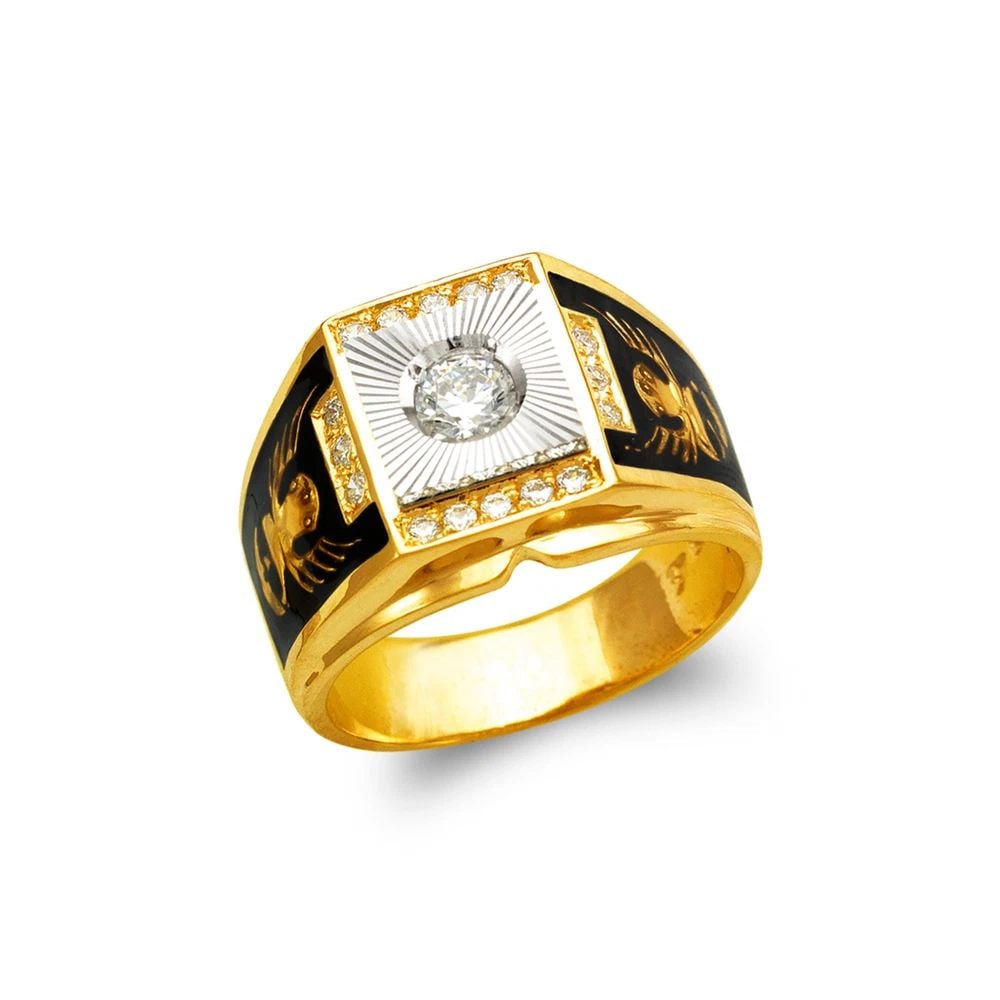 NEW 14K TWO TONE GOLD MEN'S FANCY EAGLE RING: NEW 14K TWO TONE GOLD MEN'S FANCY ENAMEL RING MEN'S FANCY ENAMEL RING NEW 14K TWO TONE GOLD Apx. WIDTH: 15mm Apx. WEIGHT: 10.3g
