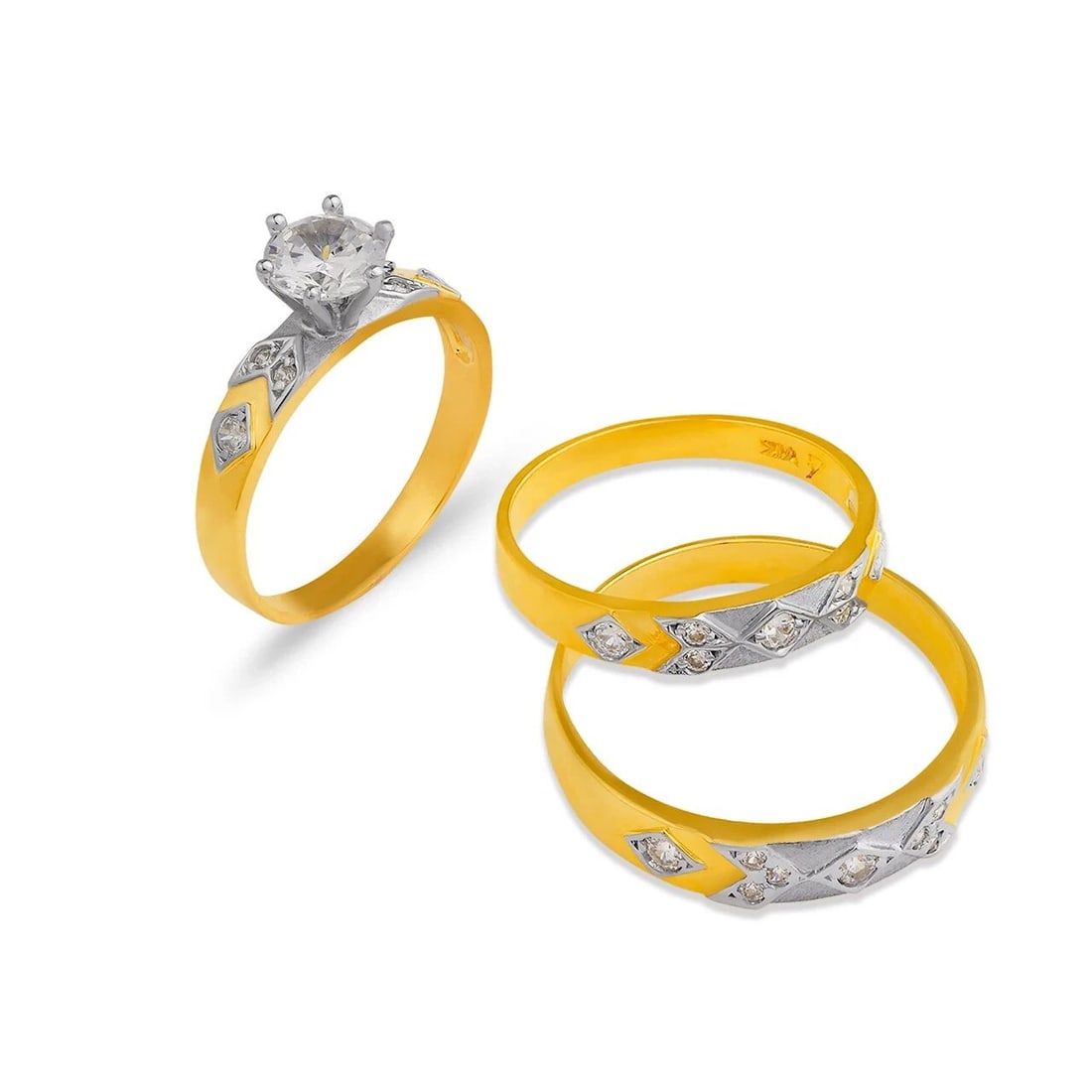 NEW 14K TWO TONE GOLD WEDDING TRIO RING SET: NEW 14K TWO TONE GOLD WEDDING TRIO RING SET 14K Two Tone Gold Ladies band and engagement ring is size 7 Men's ring is size 10 Rings Also Sold Separately Weight: 7.0 Grams