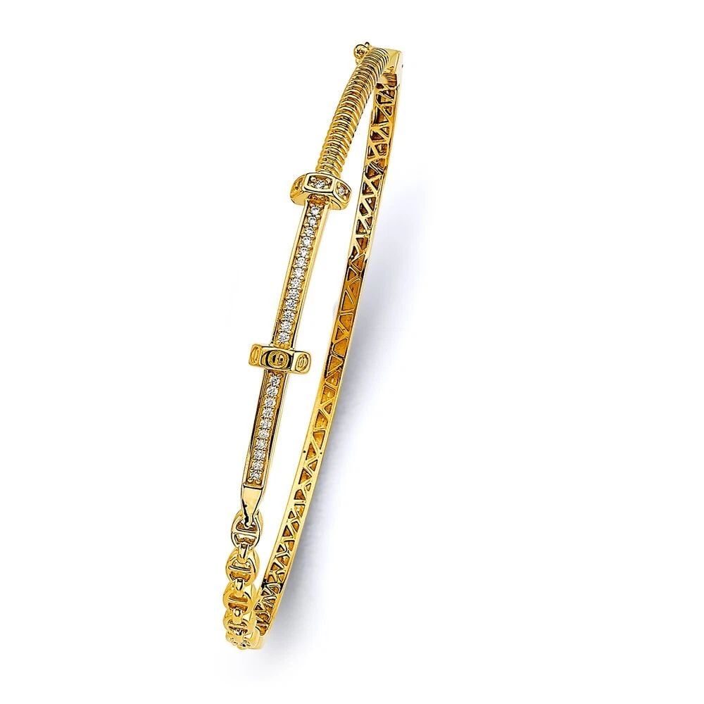 NEW 14K YELLOW GOLD SCREW LINK OVAL BANGLE: NEW 14K YELLOW GOLD OVAL BANGLE CZ OVAL BANGLE NEW 14K YELLOW GOLD C Z LENGTH - 7in Apx WEIGHT - 7.6g .