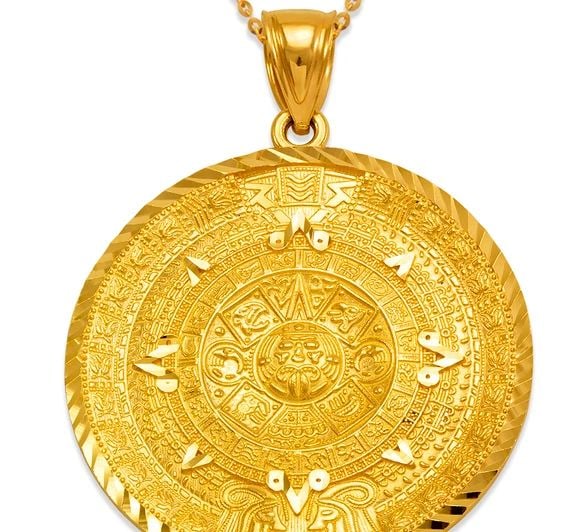 NEW 14K YELLOW GOLD D/C AZTEC CALENDAR PENDANT: NEW 14K YELLOW GOLD D/C AZTEC CALENDAR PENDANT D/C AZTEC CALENDAR PENDANT NEW 14K YELLOW GOLD Apx. WIDTH: 39x39mm Apx WEIGHT: 9.8g