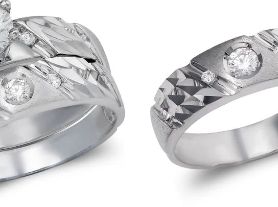 NEW 14K WHITE GOLD WHITE WEDDING TRIO RING SET: NEW 14K WHITE GOLD WHITE WEDDING TRIO RING SET WHITE WEDDING TRIO RING SET NEW 14K WHITE GOLD Apx. WIDTH: 7.5mm Apx. WEIGHT: 9.6g
