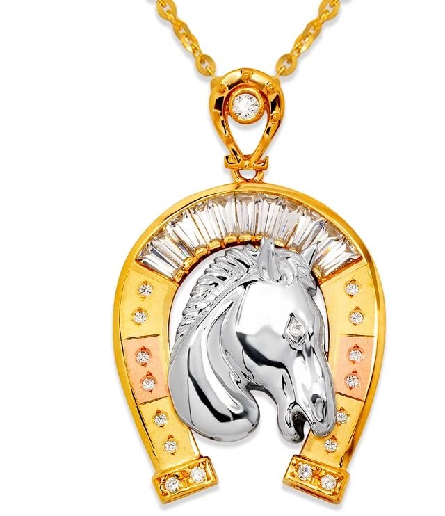 NEW 14K TRICOLOR GOLD FANCY HORSE WITH HORSESHOE PENDANT (1 of 2)