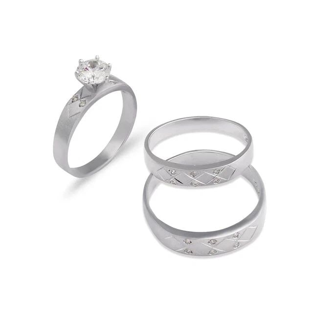 NEW 14K WHITE GOLD WEDDING TRIO RING SET: NEW 14K WHITE GOLD WEDDING TRIO RING SET 14K White Gold Ladies band and engagement ring is size 7 Men's ring is size 10 Rings Also Sold Separately Available in Tricolor Gold Weight: 6.5 Grams