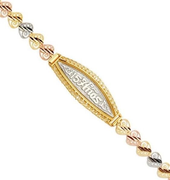 NEW 14K TRI COLOR GOLD 15 YEARS ID BRACELET: NEW 14K TRI COLOR GOLD 15 YEARS ID BRACELET 15 YEARS ID BRACELET NEW 14K TRI COLOR GOLD LENGTH - 7.5in Apx WEIGHT - 9.5g
