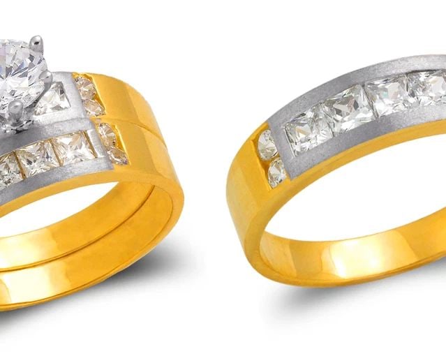 NEW 14K TWO TONE GOLD TWO TONE WEDDING TRIO RING SET (1 of 2)