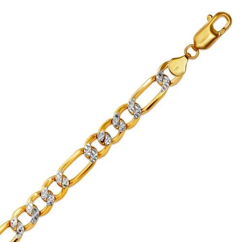 NEW 14K TWO TONE GOLD HOLLOW FIGARO WHITE PAVE BRACELET: NEW 14K TWO TONE GOLD HOLLOW FIGARO WHITE PAVE BRACELET HOLLOW FIGARO WHITE PAVE BRACELET NEW 14K TWO TONE GOLD LENGTH: 8" inch AVERAGE Apx WEIGHT: 9.4g