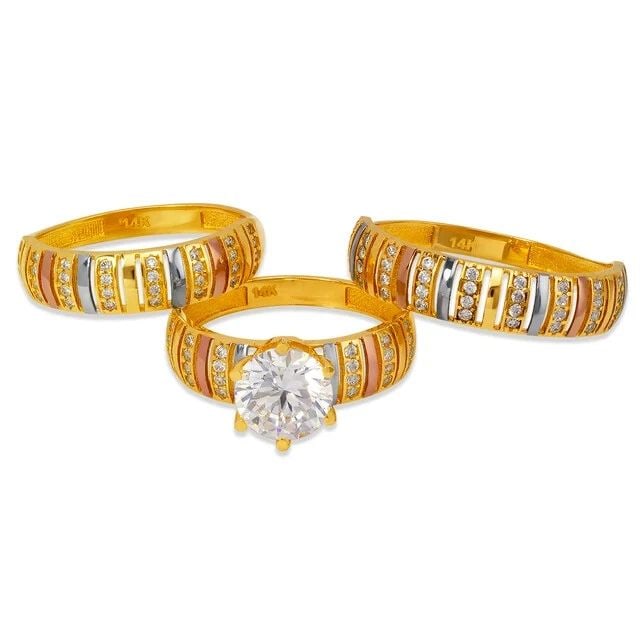 NEW 14K TRI COLOR GOLD WEDDING TRIO RING SET: NEW 14K TRI COLOR GOLD WEDDING TRIO RING SET 14K Tricolor Gold Approx. 8mm Stone, 5mm Ladies Band, 5mm Men's Band High Polished Cubic Zirconia Weight: 6.4 Grams