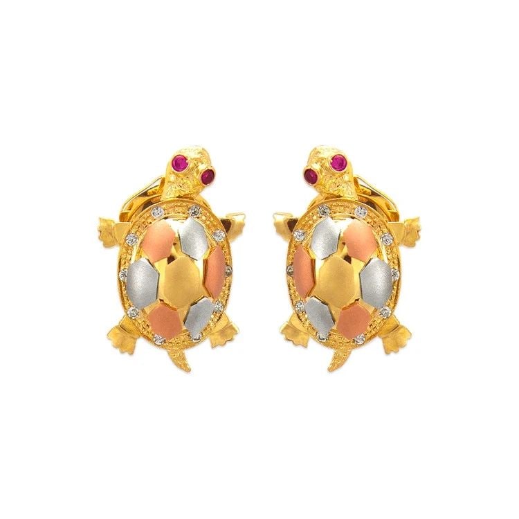 NEW 14K TRICOLOR GOLD FANCY TURTLE OMEGA BACK EARRINGS (1 of 2)