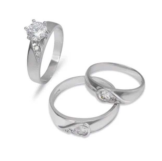 NEW 14K WHITE GOLD WEDDING TRIO RING SET: NEW 14K WHITE GOLD WEDDING TRIO RING SET 14K White Gold Ladies band and engagement ring is size 7 Men's ring is size 10 Rings Also Sold Separately Available in Yellow Gold Weight: 6.3 Grams