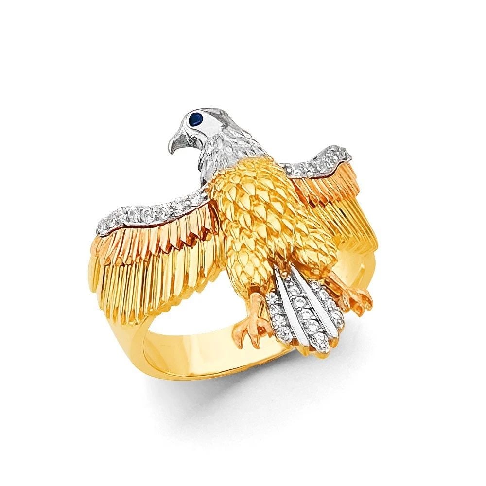NEW 14K TRI COLOR GOLD EAGLE MEN'S RING - SIZE 10: NEW 14K TRI COLOR GOLD EAGLE MEN'S CZ RING EAGLE MEN'S CZ RING NEW 14K TRI COLOR GOLD WIDTH : WEIGHT : 9.2g