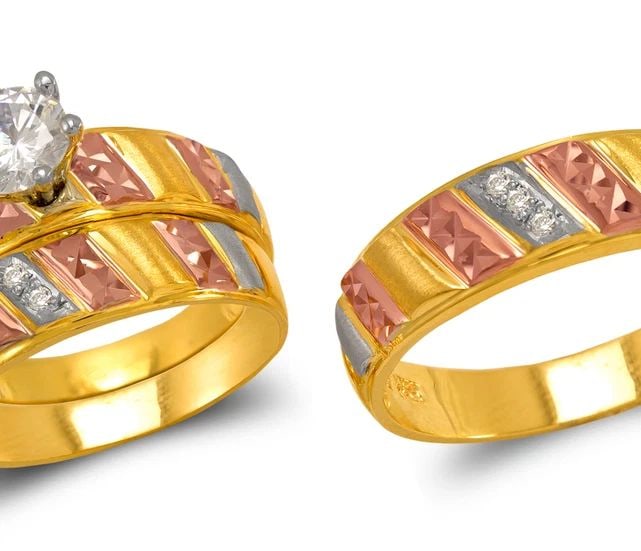 NEW 14K TRICOLOR GOLD TRICOLOR WEDDING TRIO RING SET: NEW 14K TRICOLOR GOLD TRICOLOR WEDDING TRIO RING SET TRICOLOR WEDDING TRIO RING SET NEW 14K TRICOLOR GOLD SIZE Apx: 7.5mm Apx. WEIGHT: 9.2g