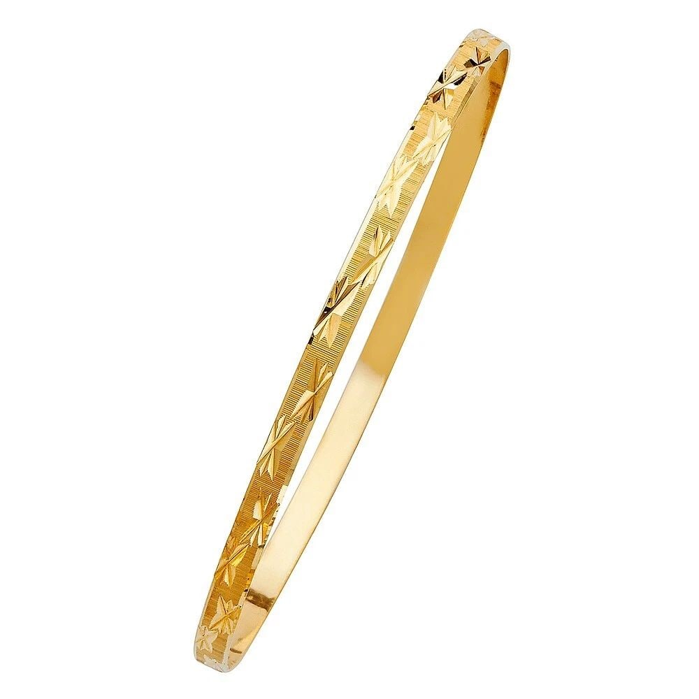 NEW 14K YELLOW GOLD 4MM SOLID BANGLE: NEW 14K YELLOW GOLD 4MM SOLID BANGLE 4MM SOLID BANGLE NEW 14K YELLOW GOLD LENGTH - 7in Apx WEIGHT - 6.8g